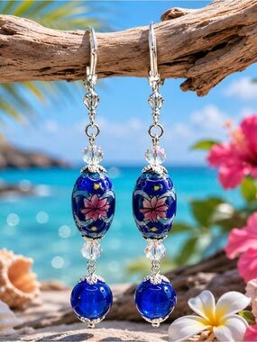 Handmade Vintage Painted Porcelain Blue and Pink Dangle Beaded Earrings